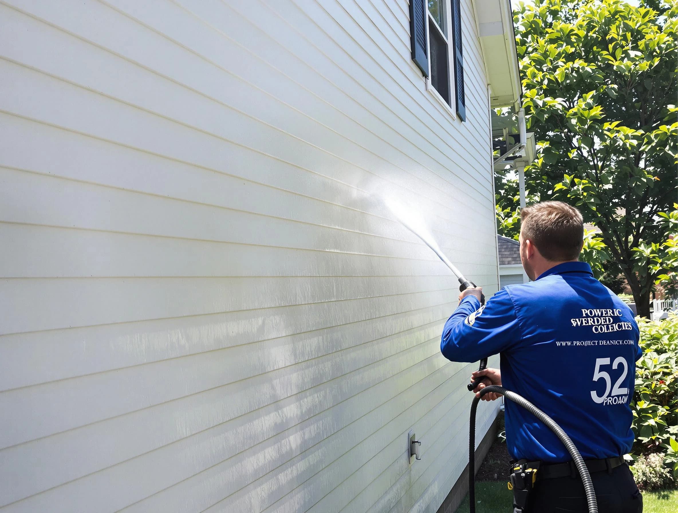 A Stow Power Washing technician power washing a home in Stow