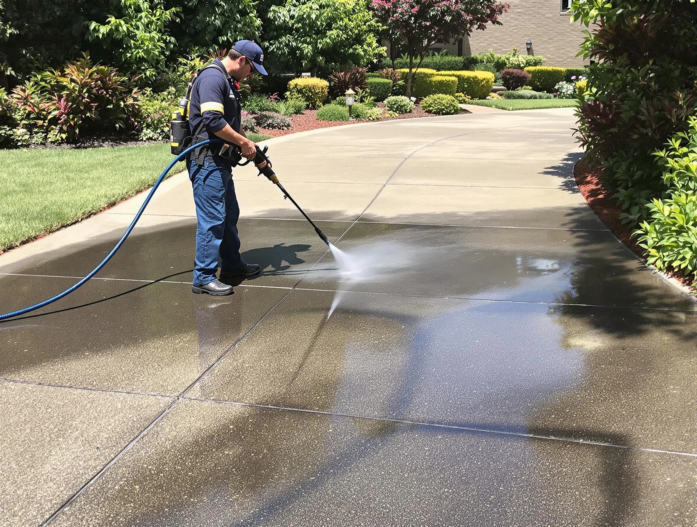 Experienced Stow Power Washing team member pressure washing a driveway in Stow