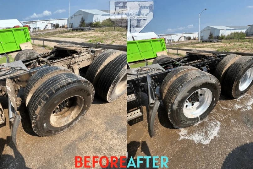 Stow Power Washing team cleaning commercial fleet vehicles in Stow